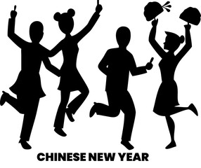 Four active silhouettes of people dancing and running happily wearing festive attire for chinese new year cultural celebration