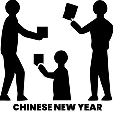 Chinese new year celebration scene with family members exchanging lucky red envelopes as traditional gift for lunar spring festival event representing prosperity and wealth for all