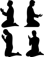 Black silhouette people kneeling in prayer, various male figures in side profiles with hands clasped or open, representing devotion and religious worship