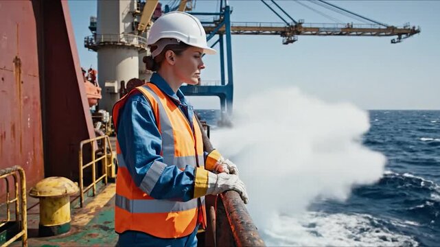Female Port Worker Overseeing Cargo Operations on a Ship.