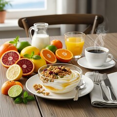 Healthy Breakfast Spread with Fresh Fruits and Yogurt.