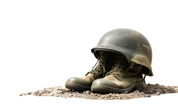 military boots and helmet on a transparent background