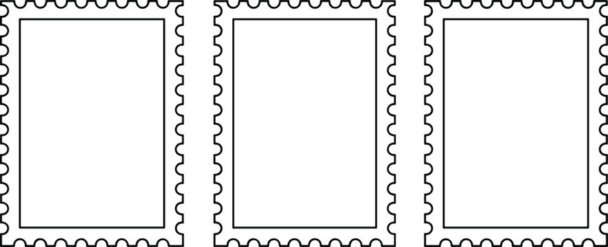 Set of three minimalist postage stamp frame outlines with serrated edges for travel branding and vintage correspondence design.