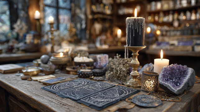 Close-up of a witch&acirc;s altar filled with esoteric objects, tarot cards, crystals, dried herbs, and handwritten sigils layered in the foreground, candle wax drips frozen in time, war