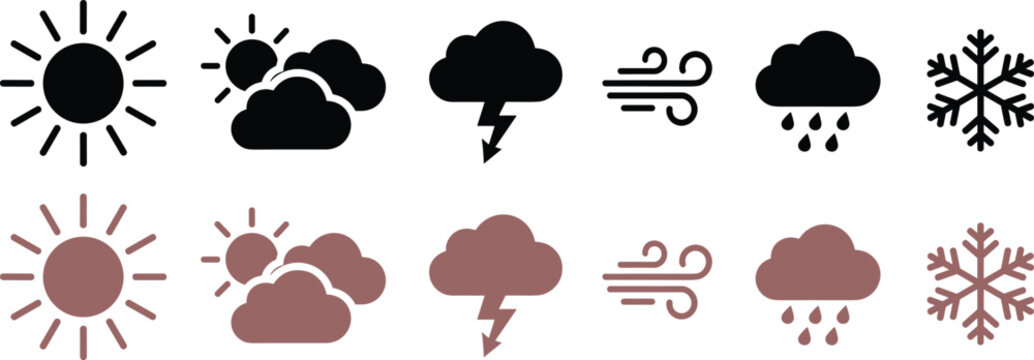 Set of 12 weather icons in black and brown featuring sun clouds storm wind rain and snow symbols for forecasting and travel apps.