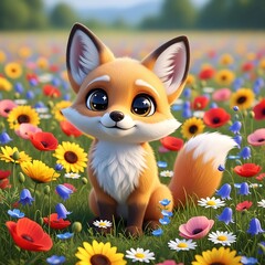 Adorable Fox Cub Amidst a Vibrant Field of Flowers.