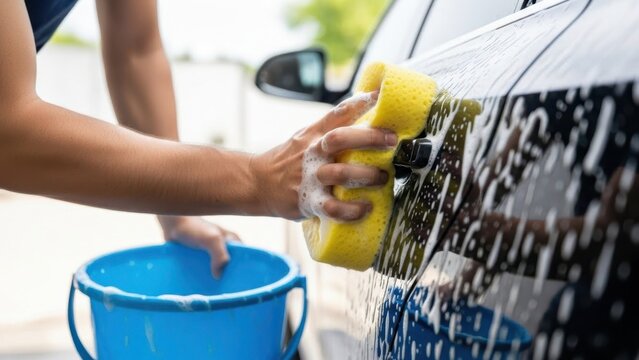 Person washing car with sponge and bucket
