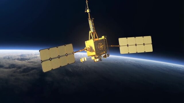 Golden satellite deploying solar panels over Earth's curved horizon in space