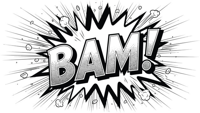 Black and white comic book explosion burst with the word BAM and debris text lettering