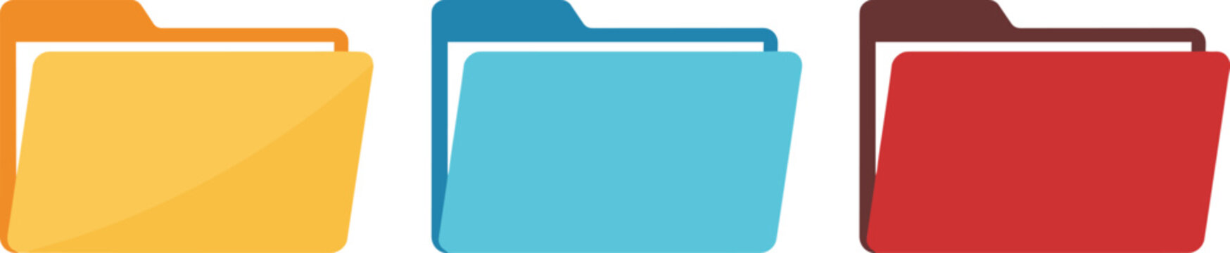 Set of three colorful flat folder icons in orange blue and red for digital file organization and document management.