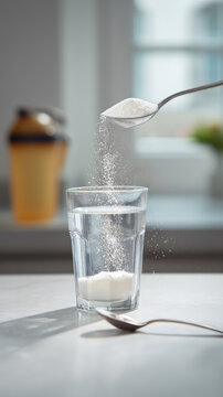 Dynamic healthy supplement preparation still life, white powder dissolving into clear water glass with bright natural light