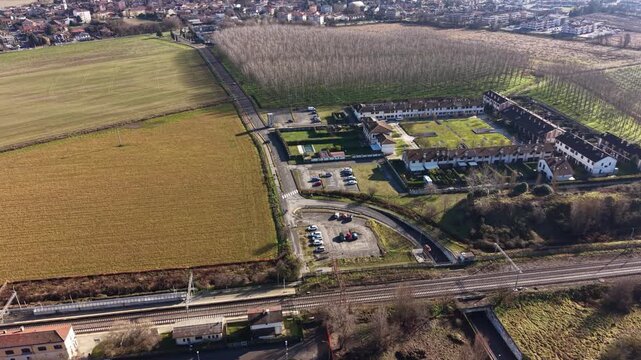 Drone Aerial of Modern Suburban Residential Apartment Complex. Cascina Adelina, Milan, Italy