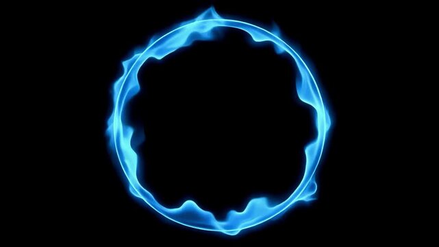 Blue flame ring hovering in mid-air with smooth circular motion and glowing edges, isolated on pure black, 4k.