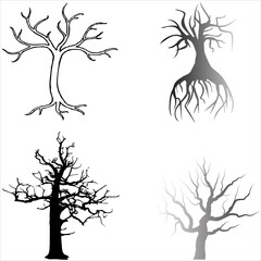 This vector illustration set features a black tree silhouette with roots and a detailed oak trunk, showcasing artistic floral designs