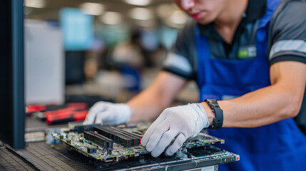 Close-up of a technician cleaning a computer system unit on a workbench, anti-static wrist strap visible, professional tools arranged neatly, focused lighting highlighting careful