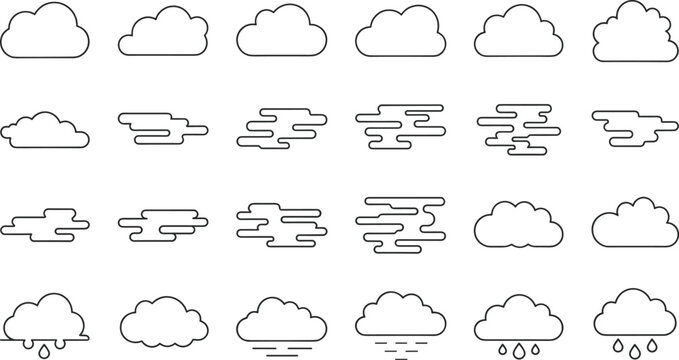 Set of 24 minimalist cloud icons in line art style featuring fluffy weather and fog symbols for forecasting and cloud computing design.