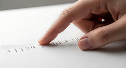 Close up of a finger touching braille text on a white surface for accessibility