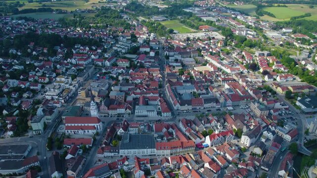 Aerial view of the old town and city Pfaffenhofen an der Ilm, 85276 in Germany, Bavaria on a sunny noon spring day