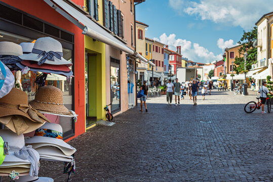 close up of coloured houses along the street of the village center, Caorle, Venice, Italy