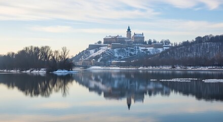 Winter Landscape - Fortress on a Snowy Hill Reflecting in Water.