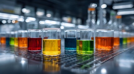 Colorful Chemical Solutions in Glass Beakers - A Scientific Laboratory Experiment.