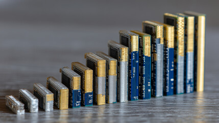 Close-up of multiple DDR5 RAM sticks arranged in ascending height order, placed on a table, visual metaphor for step-by-step price increases in computer memory