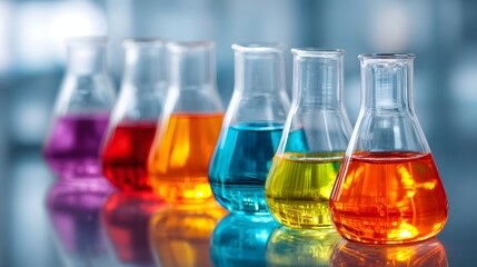 Colorful Chemical Solutions in Glass Flasks for Scientific Research and Experimentation.