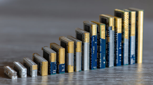 Close-up of multiple DDR5 RAM sticks arranged in ascending height order, placed on a table, visual metaphor for step-by-step price increases in computer memory