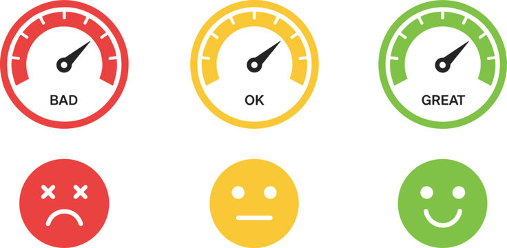 Customer feedback and performance indicator set with colorful gauge meters and emoji faces for satisfaction tracking and UX dashboards.