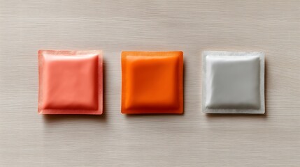 Set of orange, coral, and silver square plastic foil sheets on wooden textured background
