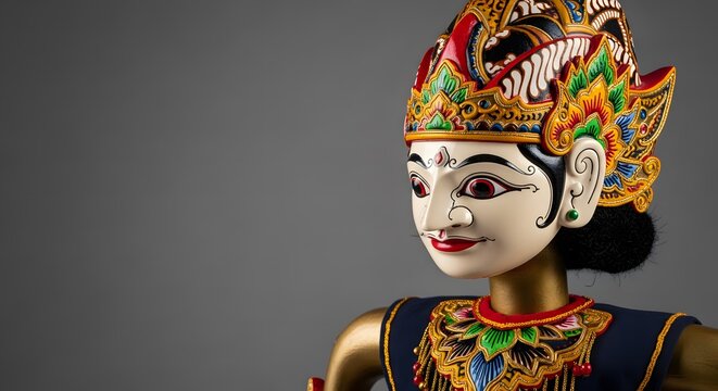 Traditional Indonesian Wayang Golek puppet portrait on a gray st