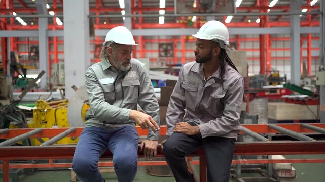 Senior factory worker mentoring younger colleague on production floor