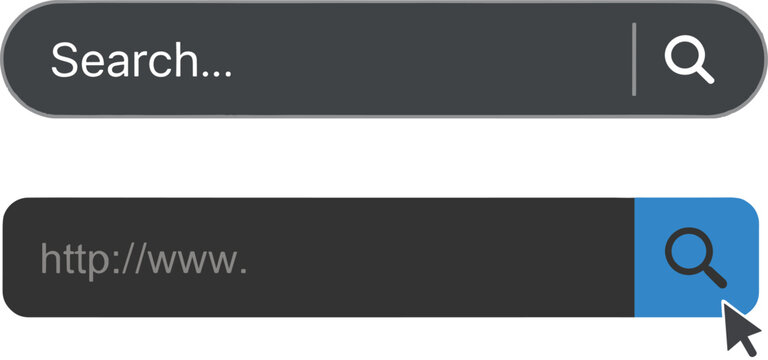 Set of web search bar and browser address bar icons with magnifying glass and mouse cursor for internet navigation design.