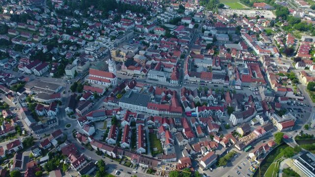 Aerial view of the old town and city Pfaffenhofen an der Ilm, 85276 in Germany, Bavaria on a sunny noon spring day