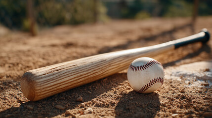 Close-up of a wooden baseball bat resting beside a scuffed baseball on the infield dirt, clay texture and stitching sharply detailed, shallow depth of field, warm afternoon sunligh