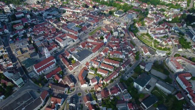 Aerial view of the old town and city Pfaffenhofen an der Ilm, 85276 in Germany, Bavaria on a sunny noon spring day