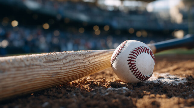 Close-up of a wooden baseball bat resting beside a scuffed baseball on the infield dirt, clay texture and stitching sharply detailed, shallow depth of field, warm afternoon sunligh - Powered by Adobe