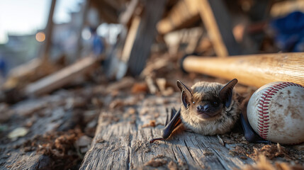 Close-up of a bat lying next to a baseball near the dugout, wooden bench and equipment blurred in the background, late afternoon sunlight, behind-the-scenes game atmosphere