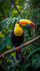 Obraz premium A vibrant toucan perched on a branch surrounded by lush green foliage. The bird has a bright yellow chest, black body, and a large colorful beak.