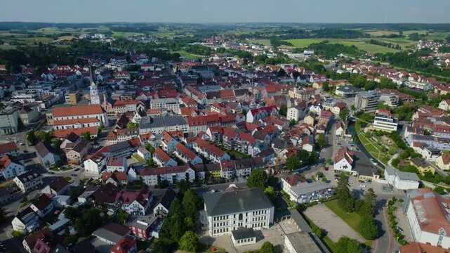 Aerial view of the old town and city Pfaffenhofen an der Ilm, 85276 in Germany, Bavaria on a sunny noon spring day