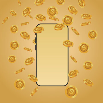 Earning and spending points and cash through a smartphone, coin falling 