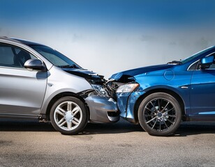damaged vehicles minor collision showcasing silver car with crumpled front and blue car with dented rear scene highlights aftermath of accident