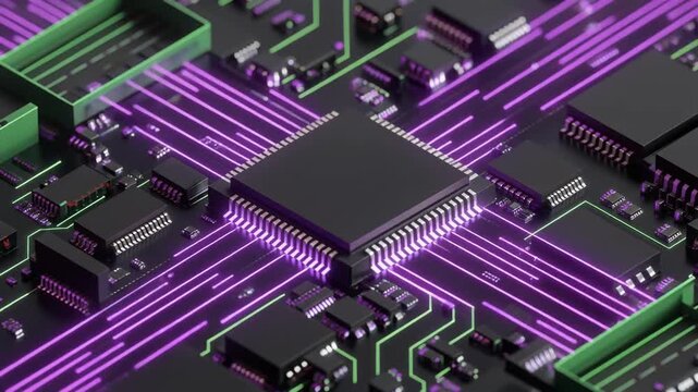Abstract 3D microchip on a futuristic circuit board with glowing purple data transmission lines.