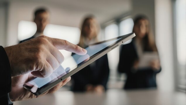 Close-up of a persons hands interacting with a digital tablet in a professional setting.