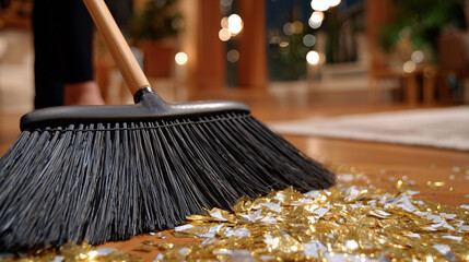 Close-up of a woman sweeping confetti and pine needles off the floor, broom bristles moving, scattered debris visible, warm indoor lighting highlighting cleanliness process