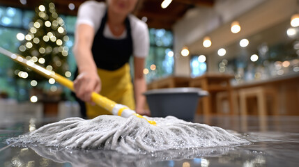 Close-up of a woman mopping kitchen floor, soapy water reflecting overhead lights, holiday mess being removed, focused action on smooth tiles