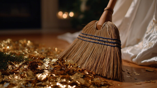 Close-up of a woman sweeping confetti and pine needles off the floor, broom bristles moving, scattered debris visible, warm indoor lighting highlighting cleanliness process - Powered by Adobe
