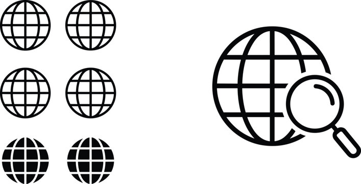 Set of globe icons and global search magnifying glass vector illustration for international discovery and worldwide research.