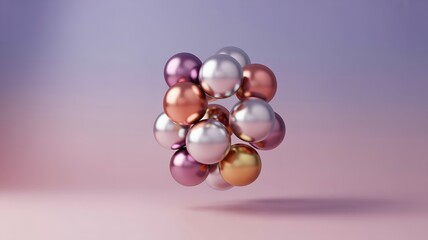 Fototapeta premium Spheres cluster with silver, bronze, and lilac reflections