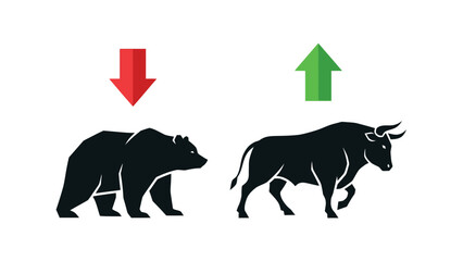 Minimal flat vector icon set representing bull and bear market trends